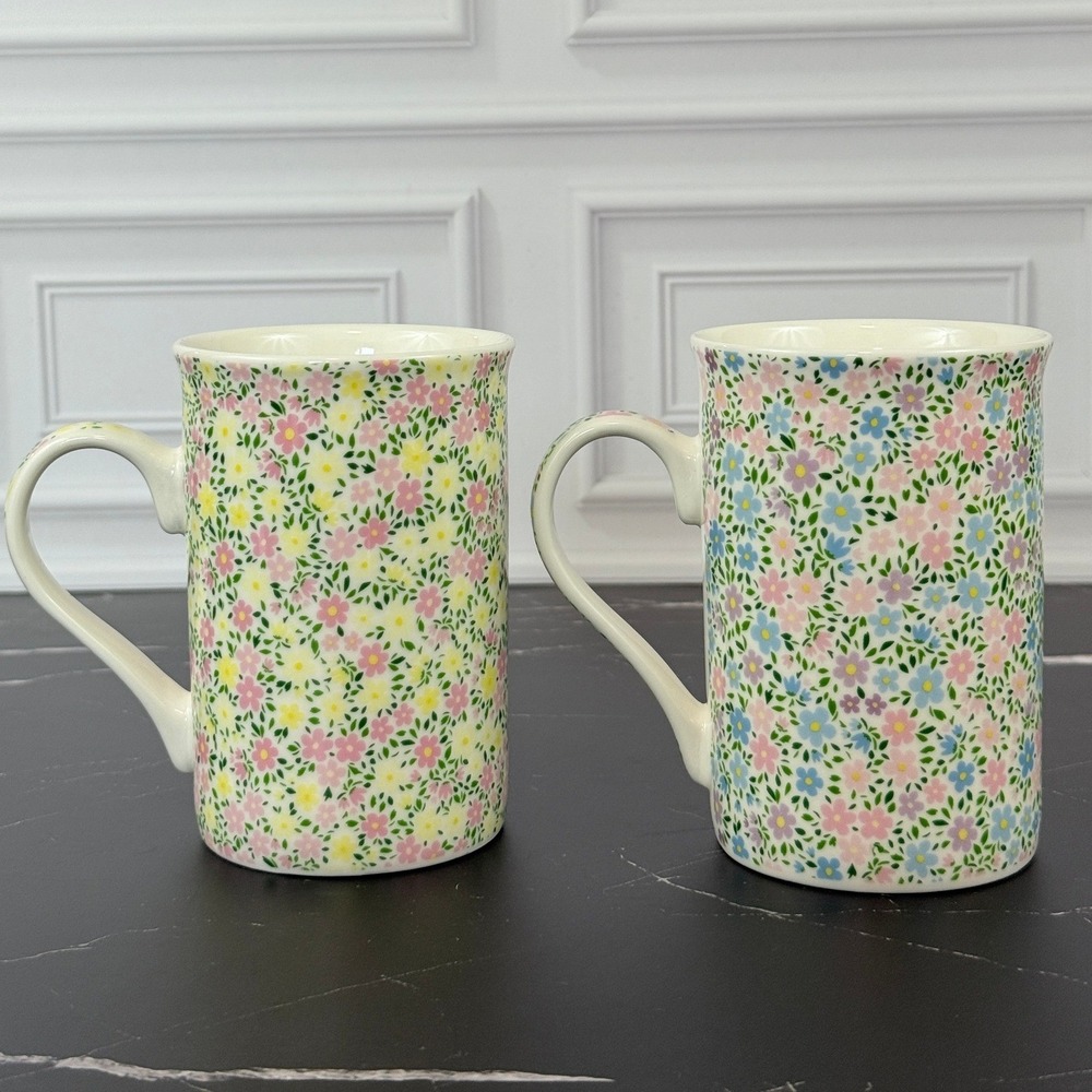 PAIR (2) of Bluebird and Willow England Fine China Floral Mugs